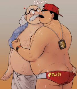 2boys 2d 2d_(artwork) 2d_artwork adult adult_male apple_watch bald_spot bara beady_eyes black_hair bushy_hair chest_hair chubby chubby_male detective_conan english_text erect_nipples erect_penis erection erection_under_clothes fanart fat fat_man floral_pattern floral_print gay gay_male glasses gray_hair hairy hand_on_butt hand_on_nipple happy_trail hat heart_symbol hiroshi_agasa kissing light-skinned_male loincloth male male/male male_focus male_on_male males_only married married_man megure_juuzou moustache navel no_background no_sex no_visible_genitalia old_man older_man open_clothes penis picsontop pinching_nipple police_badge policeman precum_through_clothing pulling_swimsuit red_hat scientist short_hair shounen_sunday speedo standing swimsuit thick_eyebrows tms_entertainment topless yaoi