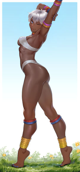 1girls arms_up barefoot blue_eyes breasts cheshirrr dark-skinned_female dark_skin elena_(street_fighter) female full_body looking_at_viewer looking_to_the_side one_eye_closed short_hair sideboob smiling smiling_at_viewer solo solo_female street_fighter thighs white_hair