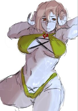 1girls 2d 2d_(artwork) alien alien_girl big_breasts bikini blue-skinned_female blue_body blue_skin breasts celeste_luvendass drawn female female_only green_bikini horns hunie_(series) huniepop kemmet101 oral_sex skimpy_bikini solo void_dot_exe white_hair