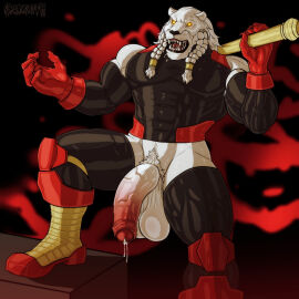 abs alien anthro arm_warmers armor armwear balls bara biceps big_balls big_muscles big_pecs big_penis black_clothing black_lips black_nose black_sclera bodily_fluids bodysuit bottomless bottomless_anthro bottomless_male braided_hair claws clothed clothing cum dreadlocks elbow_gloves erection felid feline foreskin fur genital_fluids genitals glans gloves gold_(metal) gold_armor gold_jewelry greeting hair half-erect handwear hi_res holding_object holding_weapon huge_cock humanoid_genitalia humanoid_penis hyper image_comics inside invincible_(image_comics) jewelry kirlanlion leaking_precum lion lips mace male mammal melee_weapon muscles muscular muscular_anthro muscular_male muscular_thighs nipples nude pantherine partially_retracted_foreskin pecs penis pink_glans precum red_clothing red_eyes retracted_foreskin saggy_balls saliva sash skinsuit skintight_suit solo suit text thick_thighs thokk_(invincible) tight_clothing triceps uncircumcised weapon whiskers white_balls white_body yaoi