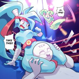 1male 2025 2girls 5_fingers absurd_res anthro bandaged_arms bandana blue_body blue_fur blue_hair boots breasts crowd curvaceous curvaceous_female curvaceous_figure curvy curvy_female curvy_figure detailed_background dialogue digital_art digital_drawing_(artwork) digital_media digital_media_(artwork) dominant dominant_female english_text eyelashes featureless_breasts female female/female femdom furry green_body green_fur green_hair hair hairstyle happy head_between_thighs head_squeeze headscissor hi_res human jumping legwear long_hair loulouvz male male/female male/female/female mammal mint_starberry mouth_open red_eyes smile smiling spaicy spaicy_chicross sport submale submissive submissive_male text text_bubble thick_thighs thigh_crush thigh_squish top_knot voluptuous voluptuous_female wide_hips wrestling wrestling_belt wrestling_boots wrestling_match wrestling_ring wrestling_ropes ych ych_(character)