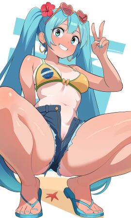 1girls ass big_ass big_breasts big_thighs bikini blush blush_lines blushing blushing_at_viewer brazil brazilian brazilian_female brazilian_miku breasts cyan_eyes cyan_hair daisy_dukes female female_only flip_flops hatsune_miku havaianas huge_ass huge_thighs jean jean_shorts latin_american_hatsune_miku_(meme) long_hair looking_at_viewer maidcousin partially_visible_vulva peace_sign pussy pussy_peek sandals shorts smile solo tagme tan tan_body tan_line tan_lines tanline tanlines tanned tanned_body tanned_female tanned_skin thick_hips thick_thighs thighs toes twintails vocaloid
