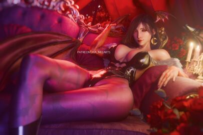 1girls 3:2 3d 3d_(artwork) big_breasts black_hair breasts cosplay darkstalkers female female_only final_fantasy final_fantasy_vii head_wings large_breasts long_hair morrigan_aensland_(cosplay) red_eyes ria-neearts tifa_lockhart wings