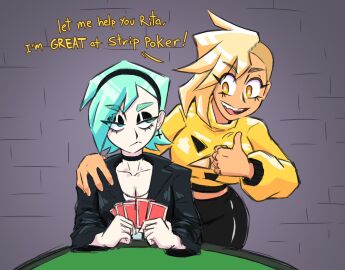 2girls breasts cleavage elekbill female goth goth_girl gothic happy_female herny mauxie multiple_females multiple_girls oc ocs original original_character original_characters rita_(herny) strip_poker tagme unhappy_female