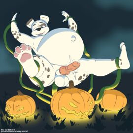 anal anal_sex animal_genitalia animal_penis anthro balls belly belly_inflation big_belly canid canine canine_genitalia canine_penis canis cudacore dalmatian domestic_dog erection feet food fruit furry genitals hi_res inflation jack-o'-lantern knot male male_pregnancy mammal navel outie_navel pascal_(cudacore) paws penetration penis plant pregnancy pregnant pregnant_male pumpkin pumpkin_patch throbbing throbbing_penis toes vines