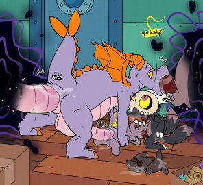 anal anus argon_vile ass balls black_body bodily_fluids collar cum cum_in_ass cum_in_mouth cum_inside disembodied_penis disney disney_parks dragon duo english_text epcot fellatio figment gaping gaping_anus genital_fluids genitals hi_res horn journey_into_imagination king_clawthorne large_insertion male male/male male_penetrated mythological_creature mythological_scalie mythology non-euclidean_sex oral penetration penile penis plushie plushophilia purple_body purple_eyes scalie sex size_difference spitroast tail tail_motion tailwag text the_owl_house titan_(the_owl_house) voodoo voodoo_doll voodoo_sex walt_disney_world wings yellow_sclera