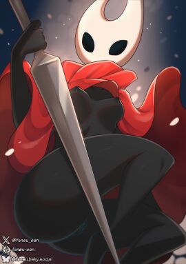 2025 5_fingers anthro areola arthropod ass biped black_body breasts clothed clothed_anthro clothed_female clothing digital_drawing_(artwork) digital_media_(artwork) exposed_breasts female female_anthro fensu-san fingers front_view genitals hi_res holding_object holding_weapon hollow_knight hollow_knight_(franchise) hornet_(hollow_knight) nipples solo team_cherry thick_thighs vulva weapon