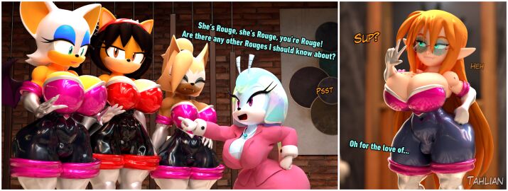 2024 3d 3d_model 5girls anthro big_breasts black_hair bodysuit breasts brown_hair busty clothing dialogue felicia_(tahlian) female female_only freckles honey_the_cat honey_the_cat_(kabalmystic) huge_breasts idw_comics idw_publishing jewel_the_beetle jewel_the_beetle_(kabalmystic) kabalmystic large_breasts latex latex_clothing meme mobian mobian_(species) mobian_bat mobian_beetle orange_hair original original_character outfit_swap rouge_the_bat rouge_the_bat_(cosplay) rouge_the_bat_(kabalmystic) sega shortstack sonic_(series) sonic_adventure_2 sonic_the_hedgehog_(comics) sonic_the_hedgehog_(idw) sonic_the_hedgehog_(series) spongebob_reference tahlian text thick_thighs whisper_the_wolf whisper_the_wolf_(kabalmystic) wide_hips