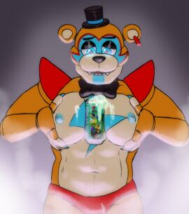 1boy 1furry 2022 animatronic animatronics anthro anthro_male anthro_only bear blue_eyes blue_nipples bowtie breasts bulge color colored eyes_half_open fangs five_nights_at_freddy's five_nights_at_freddy's:_security_breach fnaf fog furry furry_male furry_only glamrock_freddy glamrock_freddy_(fnaf) grabbing_pecs half-closed_eyes hat holding_breast implied_gay looking_down male male_breasts male_focus male_only male_with_breasts masculine masculine_male montgomery_gator_(fnaf) moobs nipples no_visible_genitalia only_male orange_body paizuri pecs red_speedo robot scottgames simple_background soda soda_can solo solo_anthro solo_focus solo_furry solo_male spaceandroids speedo speedo_only thong thong_only titfuck titjob what