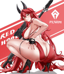 ass ass_crack ass_cutout ass_focus beatheart black_footwear black_gloves black_heels black_horns breasts butt_crack cleavage clothing_cutout covered_erect_nipples dress english_text female fingerless_gloves from_behind gloves goddess_of_victory:_nikke gun hair_between_eyes high_heels highres holding holding_gun holding_weapon horns large_breasts long_hair looking_at_viewer looking_back louboutin_(shoes) mechanical_horns official_alternate_costume red_background red_bottom_heels red_dress red_hood_(nikke) red_hood_(nonsense_red)_(nikke) revealing_clothes rifle shoes simple_background sniper_rifle solo stiletto_heels thigh_strap two-tone_background very_long_hair weapon white_background yellow_eyes