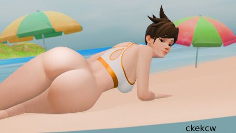 3d ass ass_focus beach big_ass big_breasts bottomless breasts ckekcw clothed clothed_female female looking_at_viewer overwatch overwatch_2 partially_clothed posing swimsuit tracer