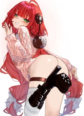 1girls ahoge ass ass_focus asymmetrical_legwear blush boots convenient_censoring convenient_censorship female female_only green_eyes high_heel_boots high_heels kochiya_(gothope) kotiyashiki light-skinned_female light_skin long_hair looking_at_viewer looking_back no_panties one_leg_up painted_nails red_hair smile solo sweater tied_hair ukinami_yuzuha zenless_zone_zero