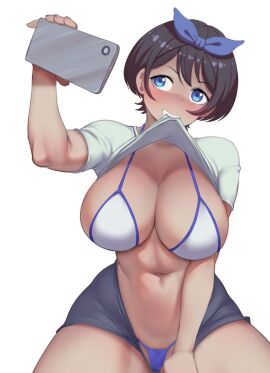 1girls black_hair blue_eyes bokuman bowtie breasts female kanojo_okarishimasu large_breasts phone sarashina_ruka selfie shirt shirt_lift short_hair solo teeth thick_thighs thighs white_background wide_hips