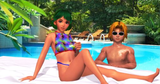 1boy 1girls 3d bikini blonde_hair dabnis-sinbad female green_hair link male saria sunglasses swimsuit the_legend_of_zelda the_legend_of_zelda:_ocarina_of_time xnalara