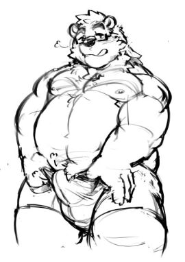 2016 anthro balls balls_outline bear belly big_belly bulge clothing detailed_bulge erection erection_under_clothing eyewear genital_outline glasses kemono male mammal moobs nipples overweight overweight_male penis penis_outline polar_bear simple_background solo syukouakanaru tongue tongue_out ursine