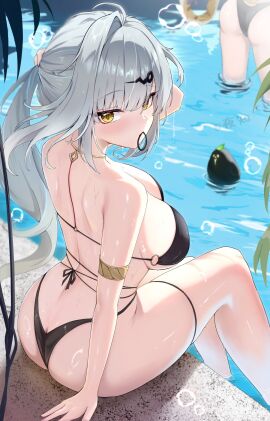2girls ass bikini black_bikini breasts bubble female huge_ass huge_breasts ju_fufu multiple_females multiple_girls sitting swimming_pool thick_thighs wide_hips yixuan_(zenless_zone_zero) zenless_zone_zero