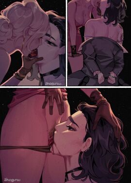 2girls ahageao49 ahoguru alcohol arm_tattoo black_gloves black_hair black_lips black_panties blonde_hair breasts cleavage clothes_lift commentary cuffs cunnilingus dress dress_lift ear_piercing earrings english_commentary female female_pubic_hair french_kiss gloves grey_jacket hair_bun handcuffs highres jacket jewelry kissing large_breasts medium_hair multiple_females multiple_girls necklace off_shoulder oral original panties panty_pull piercing pubic_hair pussy red_dress red_wine strap_slip tattoo tongue tongue_out uncensored underwear wine yuri