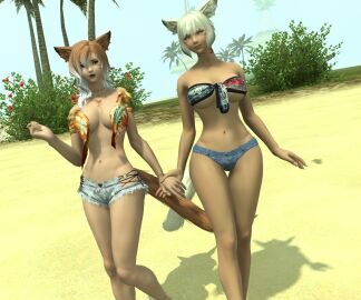 female final_fantasy_xiv hand_holding miqo'te swimsuit y'shtola yuri