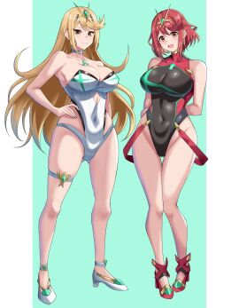 2girls breasts core_crystal duo duo_female female female/female female_only mythra nintendo pyra swimsuit xenoblade_(series) xenoblade_chronicles_2 yamadahats44685