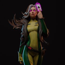 1girls 2024 3d 3d_(artwork) anna_marie belt black_background bodysuit bodysuit_under_clothes brown_hair brunette_hair card cosplay curvy female female_only fully_clothed gambit_(cosplay) glowing_eyes green_clothing green_eyes holding holding_object hourglass_figure human human_only jacket leather_jacket light-skinned_female light_skin marvel marvel_comics playing_card queen_of_spades rogue_(x-men) serious serious_look solo superheroine tagme_(artist) white_hair white_streak x-men yellow_clothing