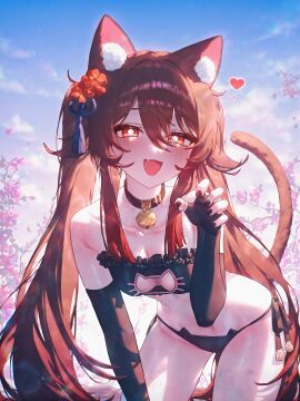 :d ai_generated all_fours alternate_costume animal_ear_fluff animal_ears bare_shoulders bell bent_over black_bra black_choker black_collar black_gloves black_hair black_nails black_panties blue_eyes blue_flower blue_hair blush bra breasts bright_pupils brown_hair cat_cutout cat_ear_panties cat_ears cat_girl cat_lingerie cat_tail choker claw_pose cleavage cleavage_cutout clothing_cutout cloud collar collarbone colored_skin cowboy_shot elbow_gloves female fingerless_gloves fingernails flower flower-shaped_pupils frilled_bra frills genshin_impact gloves gradient_sky hair_between_eyes hair_flower hair_ornament hand_up heart heart-shaped_pupils hu_tao_(genshin_impact) jingle_bell kemonomimi_mode kneeling leaning_forward lingerie long_hair looking_at_viewer medium_breasts meme_attire ministro multicolored_hair nail_polish navel neck_bell oerba_yun_fang open_mouth outdoors panties paw_pose plum_blossoms self_upload side-tie_panties sidelocks skin_fang sky small_breasts smile solo standing stomach strapless string_panties sunset symbol-shaped_pupils tail tassel tassel_hair_ornament thighhighs thighs twilight twintails underwear underwear_only very_long_hair white_pupils