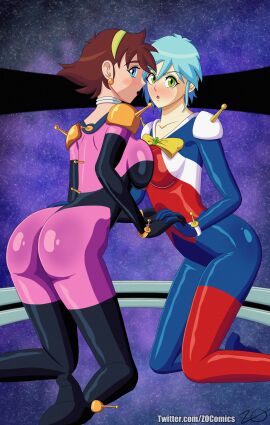 allenby_beardsley blue_hair brown_hair g_gundam gundam holding_hands making_out rain_mikamura spandex tight_ass tight_clothes yuri