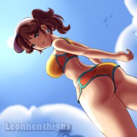 1girls 2025 ass ass_focus ass_hanging_out_of_shorts big_ass big_breasts big_butt big_thighs blue_eyes breasts brown_hair clouds day daytime ear_piercing earrings female leonhenthighs light-skinned_female long_hair looking_at_viewer looking_back looking_pleasured mario_(series) mario_kart mario_kart_world nintendo official_alternate_costume pony_tail ponytail pov princess_daisy princess_daisy_(swimwear) smile smiling smiling_at_viewer solo solo_focus sun text thick_thighs thighs