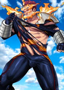 1boy abs armor beefy blue_eyes bodysuit boku_no_hero_academia bulge bulge_through_clothing clouds dilf endeavor_(my_hero_academia) enji_todoroki fire gay hero_outfit_(mha) male male_focus male_only maorenc mature_male muscular muscular_male my_hero_academia penis penis_visible_through_pants red_hair ripped_bodysuit ripped_clothing ripping_bodysuit ripping_clothing scar scar_across_eye scar_on_face sky solo_male todoroki_enji yaoi