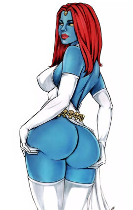 1girls ass big_ass blue_skin bottomless bottomless_female bubble_ass bubble_butt female female_only gleidson_fernandes grabbing_own_ass marvel marvel_comics mutant_(marvel) mystique nipple_bulge nipples no_panties opera_gloves raven_darkholme rear_view red_hair solo thighhighs villainess x-men