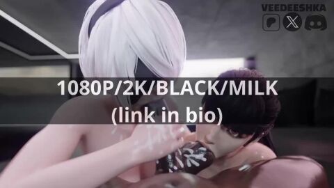 1boy 2girls 3d 3d_animation 3d_model animated balls black_hair blowjob deepthroat eve_(stellar_blade) female male nier:_automata penis sound stellar_blade sucking_balls sucking_off sucking_penis tagme veedeeshka video white_hair yorha_2b