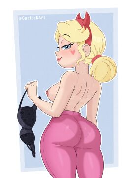 1girls adult aged_up ass back_view big_ass big_butt big_thighs black_bra blonde_hair blue_eyes bra breasts disney eyebrows_visible_through_hair female female_only garlock hair_bun hairband half-closed_eyes heart medium_hair milf nipples panties pantylines pink_pants red_hairband smile solo star_butterfly star_vs_the_forces_of_evil thick_thighs topless transparent_clothing transparent_panties