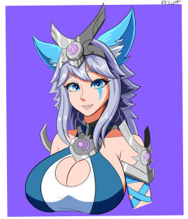 1girls big_breasts blue_eyes blue_hair breasts bust cleavage cleavage_cutout clothed clothed_breasts clothed_female female female_only fox_ears fox_girl goddess grey_hair huge_breasts io_(paladins) neckline paladins rebuffedtax614 sideboob smile solo