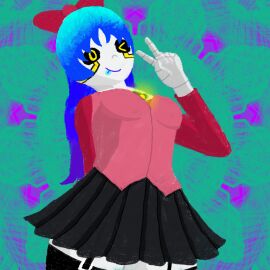 android blue_hair female fully_clothed hair_ribbon original original_character robot robot_girl white_skin yellow_eyes
