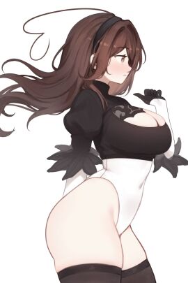 1girls breasts brown_hair cleavage female large_breasts long_hair nier:_automata original simple_background sky_(skyaboveme) skyaboveme virtual_youtuber white_background yorha_2b_(cosplay)