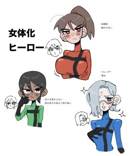 3girls big_breasts blue_(tabasuko) breast_size_difference breasts female genderswap genderswap_(mtf) green_(tabasuko) japanese_text medium_breasts red_(tabasuko) rule_63 small_breasts tabasuko_(artist) tagme