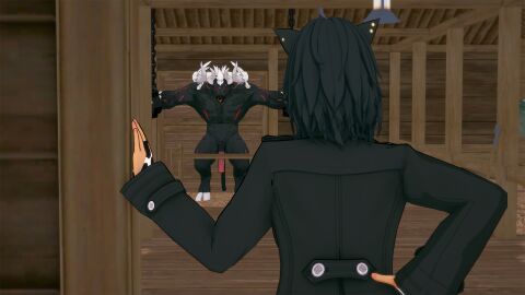 1girls 1monster 3d black_hair black_hair_female cat_ears clothed_female faunus flaccid grimm_(rwby) huge_cock indrick_[artist] kali_belladonna minotaur monster monster_cock pierced_ears rwby