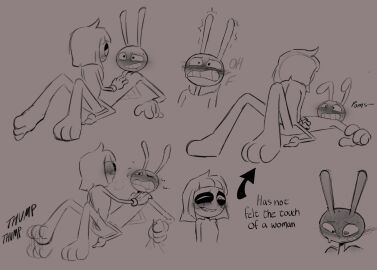 4_fingers anthro blush bodily_fluids breath defloration dialogue drooling duo ethicalgoon female fingers flat_chested glitch_productions grabbing_sheets hand_on_chest hi_res humanoid jax_(tadc) jax_(the_amazing_digital_circus) lagomorph larger_male leporid male male/female male_virgin mammal moan overwhelmed penetration pomni_(tadc) pomni_(the_amazing_digital_circus) pussy rabbit saliva shaking shivering size_difference small_dom_big_sub smaller_female stated_virginity sweat sweatdrop the_amazing_digital_circus thumping thumping_foot vaginal_penetration virgin