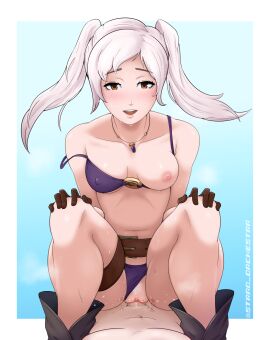 1boy 1girls alternate_costume belt bikini breasts brown_eyes cleavage commission cowgirl_position female female_focus fire_emblem fire_emblem_awakening fire_emblem_heroes hands_on_knees leather_boots leather_gloves legs_together looking_at_viewer male male_pov medium_breasts nintendo official_alternate_costume pov purple_bikini purple_swimsuit pussy ricken_(fire_emblem) robin_(fire_emblem) robin_(fire_emblem)_(female) sex squatting squatting_cowgirl_position stradivarius straight swimsuit vaginal_fluids vaginal_penetration white_hair