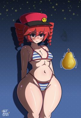 1girls 2d 2d_(artwork) bikini blush bottom_heavy breasts cleavage cleft_of_venus curvaceous curvy curvy_female erofabist fabstdraws female female_only fruit hat hourglass_figure huge_hips huge_thighs kasane_teto kasane_teto_(sv) medium_breasts meme meme_reference mesmerizer_(vocaloid) mesmerizer_teto navel pear_shaped_female red_eyes red_hair small_bikini solo solo_female synthesizer_v thick_thighs thighs twin_drills utau voluptuous voluptuous_female wide_hips