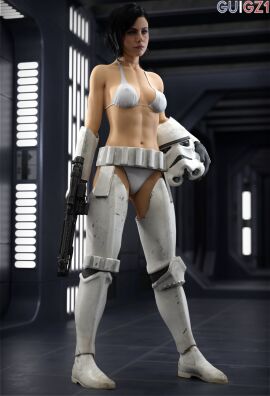 1girls 3d alternate_version_at_source armor beauty_mark bikini_top black_hair blaster breasts call_of_duty call_of_duty_black_ops_cold_war cosplay crossover erect_nipples female female_only guigz1 helen_park_(cod) helmet nipple_bulge nipples short_hair solo star_wars stormtrooper_(cosplay)