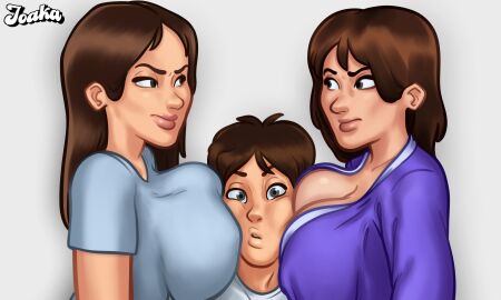 1boy 2d 2d_(artwork) 2girls alternate_version_available big_breasts breast_press breast_squeeze breast_squish breasts brown_hair cleavage debbie_(summertime_saga) digital_drawing_(artwork) digital_media_(artwork) female jenny_(summertime_saga) joakadraws light-skinned_female light-skinned_male light_skin long_hair looking_at_another main_character_(summertime_saga) male male/female medium_breasts milf robe sandwich sandwich_position shirt simple_background squished_breasts step_sister summertime_saga surprised surprised_expression teenage_female teenager topwear trio watermark white_background