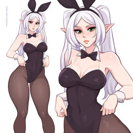 1girls anime anime_character black_bunnysuit breasts bunny_ears bunnysuit cleavage clothing elf elf_ears elf_female fake_animal_ears female female_only frieren hair hips large_breasts leggings legs legwear leotard lips neckwear pointy_ears shmoxi solo solo_female sousou_no_frieren thick_lips thighs toksie twintails white_hair wide_hips