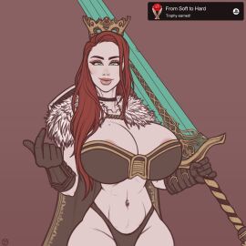 1girls achievement_unlocked areola_slip areolae belly_piercing bolt_on_tits breast_implants breasts cape choker cleavage crown dark_souls dark_souls_2 enhanced_breasts fake_breasts female fur_cape game_mechanics gloves green_eyes huge_breasts long_hair looking_at_viewer moonlight_greatsword panties pierced_belly_button pinup pureruby87 raiounsfw red_hair silicone silicone_implants sketch slim_waist smile smiling smirk solo solo_female sword sword_on_shoulder thin_waist trophy_unlocked weapon wide_hips
