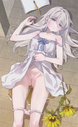 alicecrazy bare_shoulders blue_bow blue_eyes bow breasts bright_pupils censored cleavage clothes_lift cropped_legs dress dress_lift female flower grey_hair hair_between_eyes highres light_smile long_hair looking_at_viewer lying medium_breasts mole mole_under_eye mosaic_censoring notebook on_back original parted_bangs peed_self peeing peeing_on_floor peeing_self pencil pussy single_off_shoulder sunflower urination urine urine_pool wavy_hair white_dress white_pupils wooden_floor
