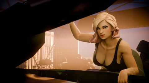 big_ass big_breasts blonde_hair breast_focus breasts chubby chubby_female cleavage female fortnite fortnite:_save_the_world penny_(fortnite) sweat sweatdrop working x_redeyes