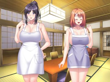 2girls before_sex breasts enormous_breasts female female_only game_cg gigantic_breasts glazed_sliding_door huge_breasts kyonyuu_shokudou_harami_teishoku_~ore_dake_no_ura_menu!?~ massive_breasts mizunagi_kumiko mizunagi_moeno mother mother_and_daughter naked naked_apron naked_female nude nude_female nudity nudity_female nudity_girl orange-haired_female orange_hair schoolgirl shoji short_hair short_hair_female suzuki_falco talking television tougenkyo_(company) zaisu