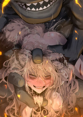 absurdres ape arm_grab arm_held_back blonde_hair blue_hair blush breasts completely_nude crying crying_with_eyes_open cum defeat female freckles haplorhine injury long_hair medium_breasts monster nipples nude open_mouth primate pussy red_eyes restrained ryona sex sex_from_behind shitappa0120 size_difference straight tears torn_clothes vaginal_penetration zoophilia