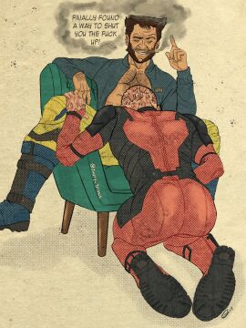 ass beard big_ass big_butt blowjob bubble_ass bubble_butt chest_hair clothed_sex deadpool deadpool_&_wolverine_(2024) gay hairy_chest hand_on_leg logan_(x-men) looking_down male male/male male_only marvel marvel_cinematic_universe marvel_comics mutant_(marvel) mutate_(marvel) oral pipe sitting_on_chair superhero thick_ass thick_butt tight_clothes tight_clothing tight_suit wade_wilson wolverine_(x-men)