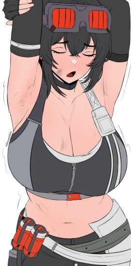 a_bit_dirty armpits arms_up big_breasts black_hair breasts closed_eyes edmun eyes_closed female female_only fingerless_gloves goggles goggles_on_head grace_howard hoyoverse huge_breasts light-skinned_female light_skin mechanic midriff motion_lines sports_bra stretching white_background wip yawn zenless_zone_zero