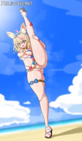 1girls ass ass_visible_through_thighs beach bikini blonde_hair breasts butt_fang commentary_request curvy_body curvy_female curvy_figure female female_only fox_ears high_heels hololive hololive_gen_5 hololive_japan large_breasts leg_grab leg_up light-skinned_female light_skin looking_at_viewer marking_below_eyes micro_bikini multicolored_hair ocean omaru_polka one_leg_up outdoors outside presenting sand short_hair smile smiling smiling_at_viewer stretching sweat sweatdrop swimsuit swimwear thick_hips thick_thighs thigh_strap virtual_youtuber wide_hips xelsword
